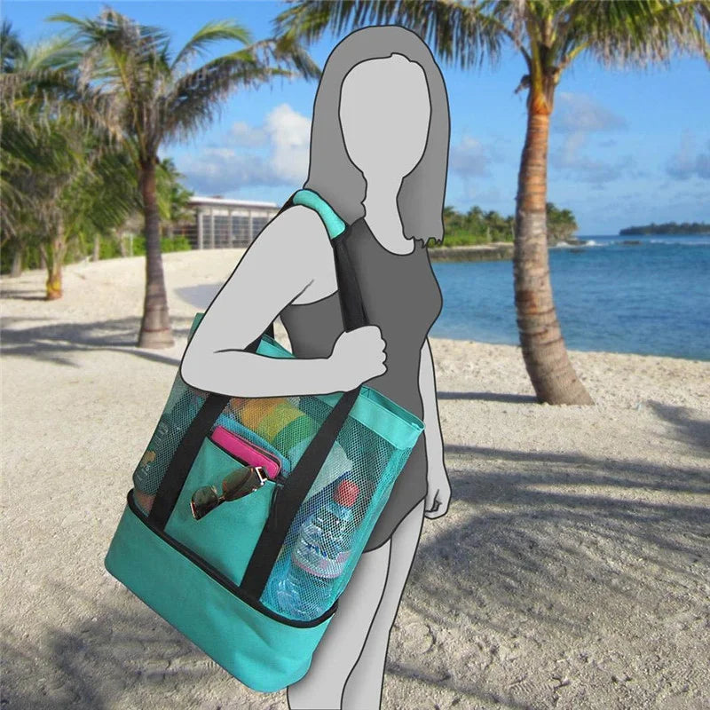 Large Mesh Beach Cooler Bag Outdoor Camping Picnic Bag Storage Bag Drink Food Cooler Tote Bag Thermal Insulation Lunch Box